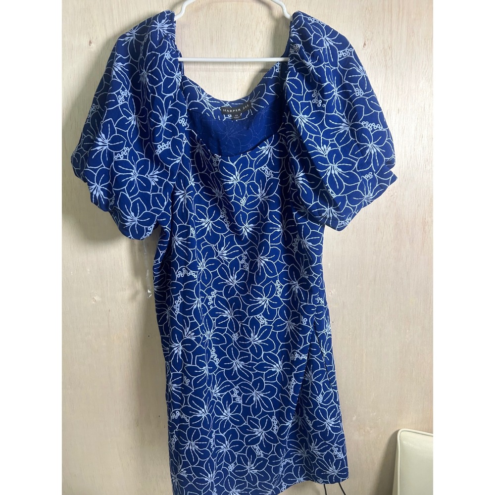 Harper 241 Shift Dress Womens 16 Blue White Excellent Floral Puff‎ Sleeve WD014R
